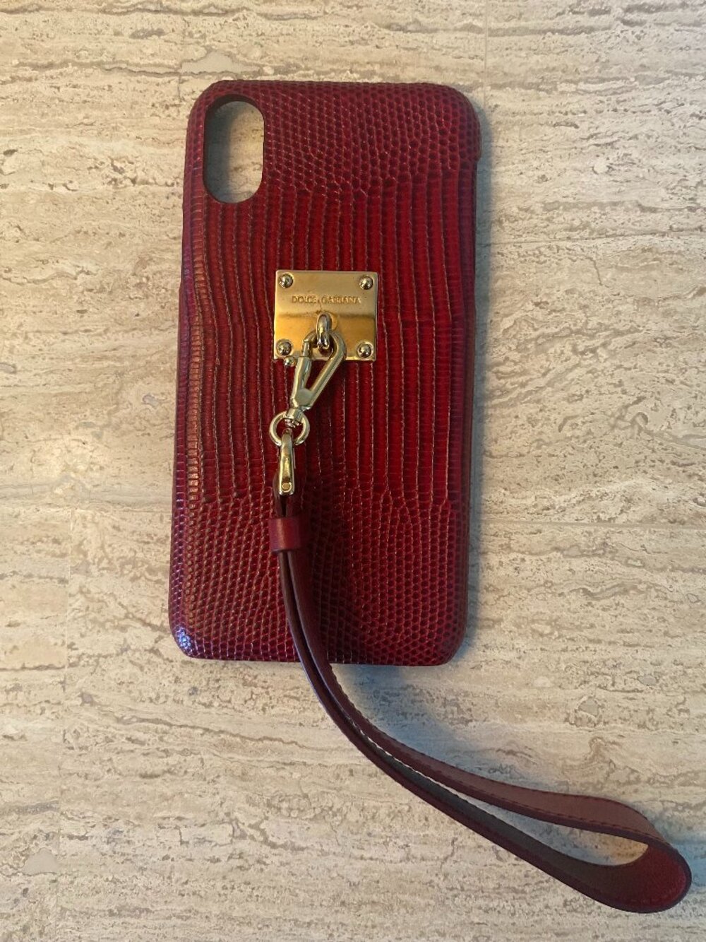 D&G iPhone X-XS Dark Red Embossed Leather Phone Case w/Strap